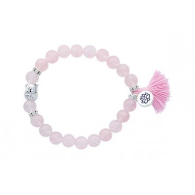 Bracelet Quartz Rose Perles rondes 8 mm Pompon et Lotus