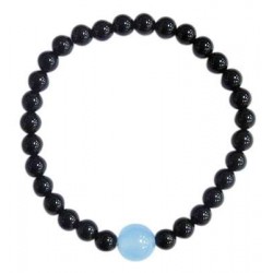 Bracelet Onyx noir Perles rondes 6 mm et Perle unique Calcédoine Bleue 1 cm