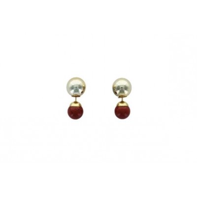 Boucles d'oreilles Jaspe Rouge Boules Réversibles Métal Doré